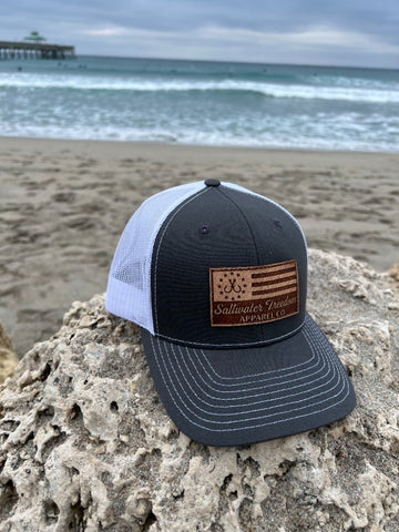 Charcoal/White Leather Patch Flag Hat