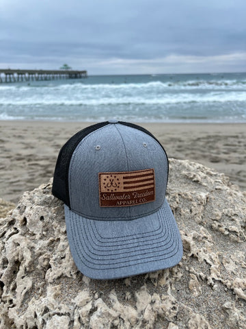 Heather Grey/Black Leather Patch Flag Hat